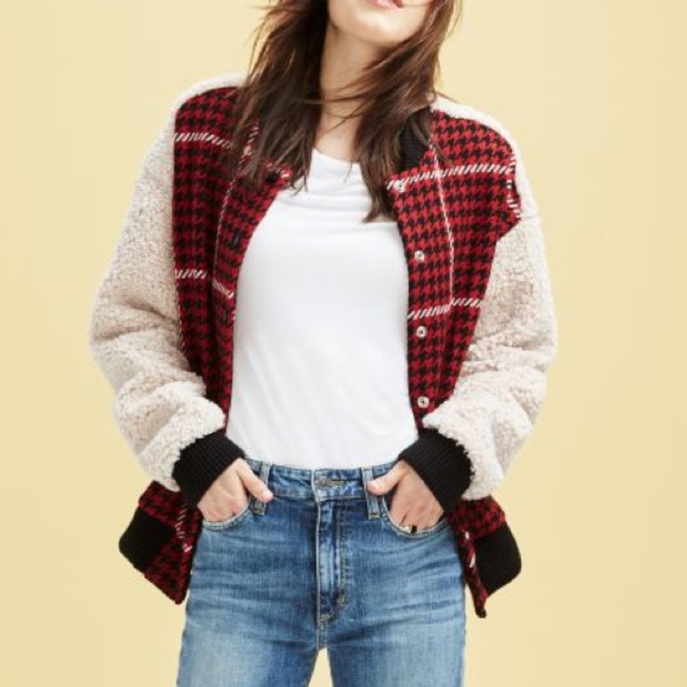 Ro & De Red Houndstooth Sherpa Bomber Jacket